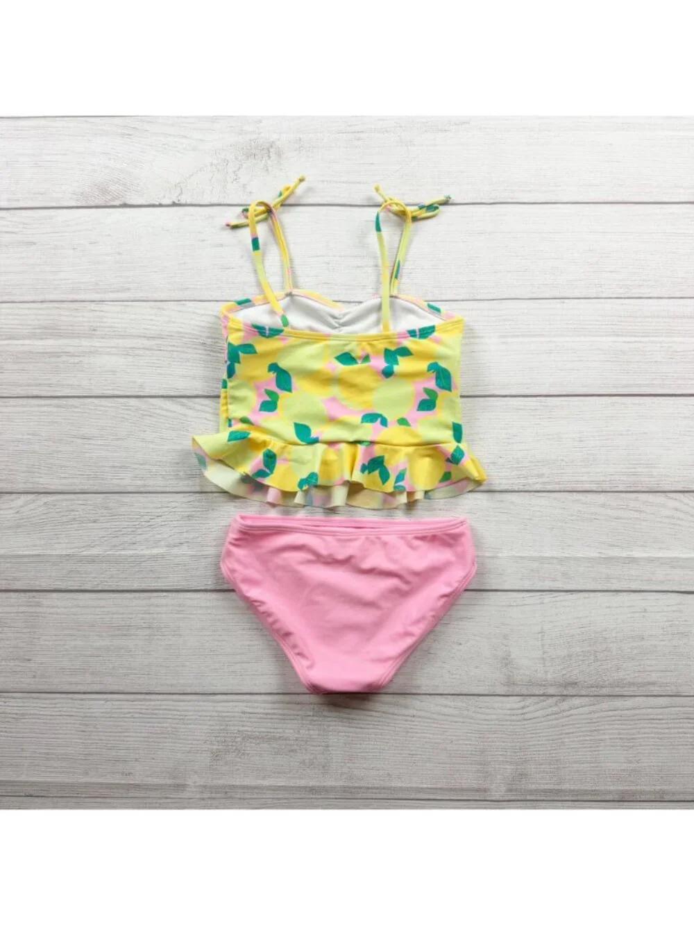 Cat & Jack Girls 2PC Lemon Print Tankini Swimsuit Set Yellow Pink M 8